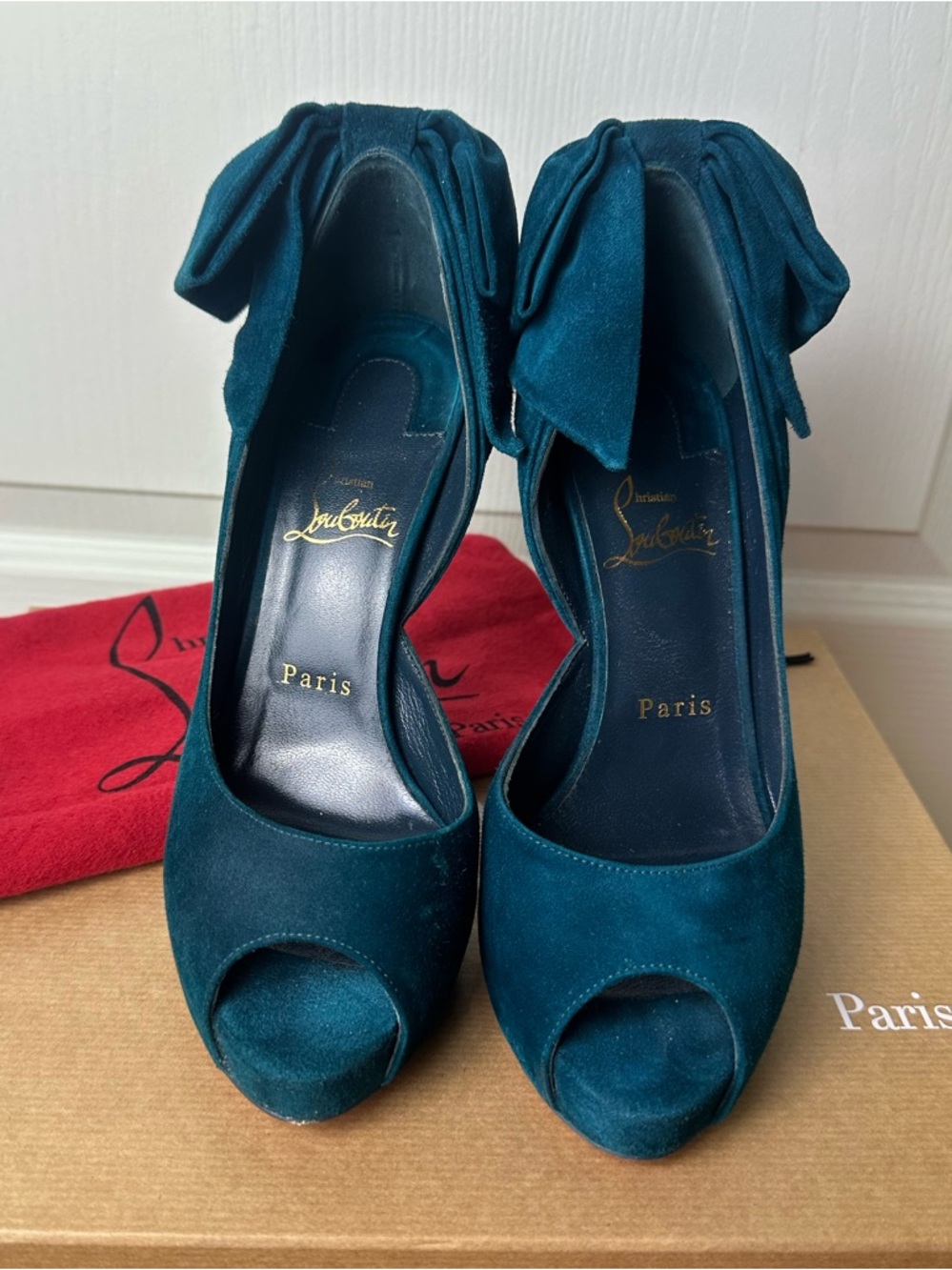 Christian Louboutin Teal Suede Peep-Toe Bow Heels